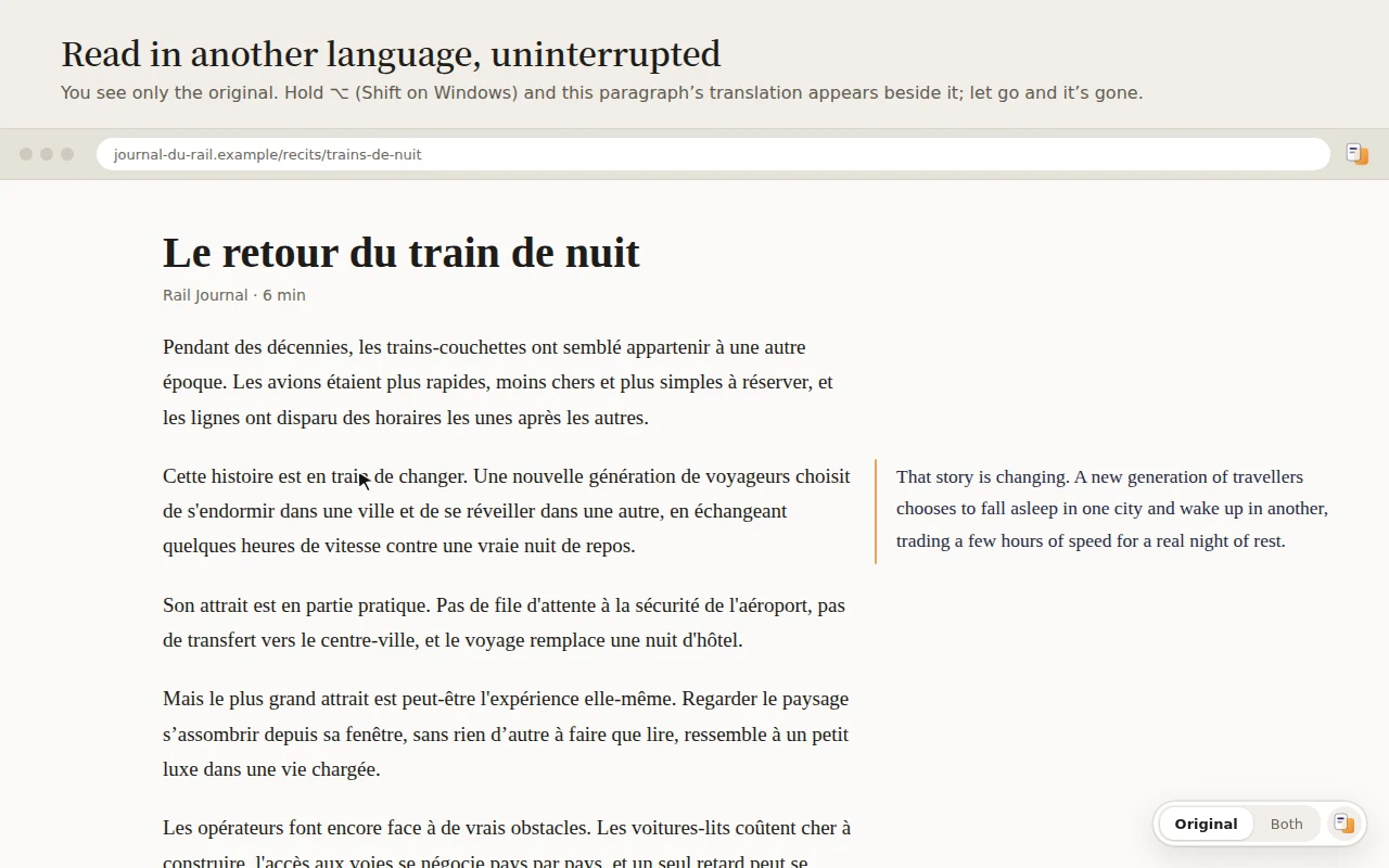 Store image: a French article with one paragraph’s English translation in the right margin