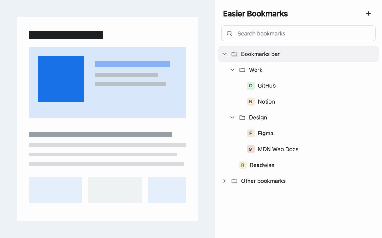 Easier Bookmarks Chrome 侧边栏，显示可搜索的书签树