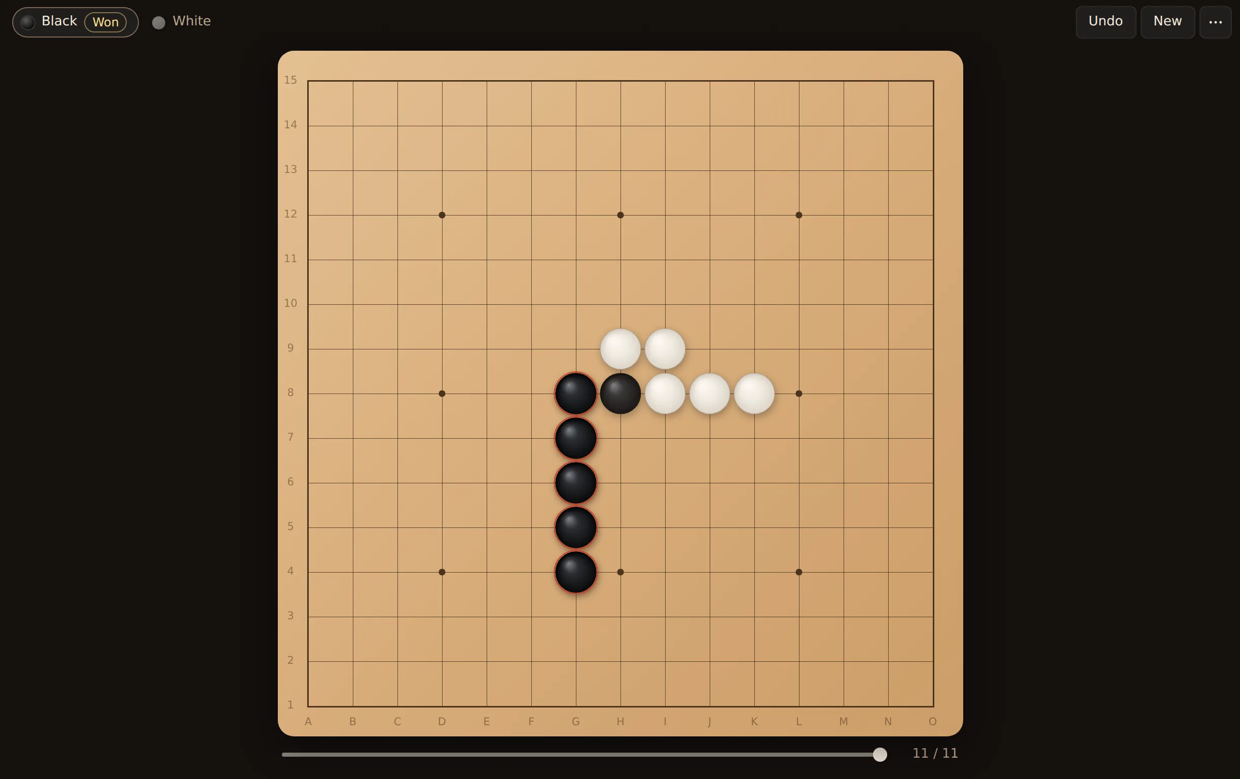 Goban wood board after a two-player game: Black's five in a row, each stone ringed, Black's seat marked Won in the top bar, and the timeline under the board