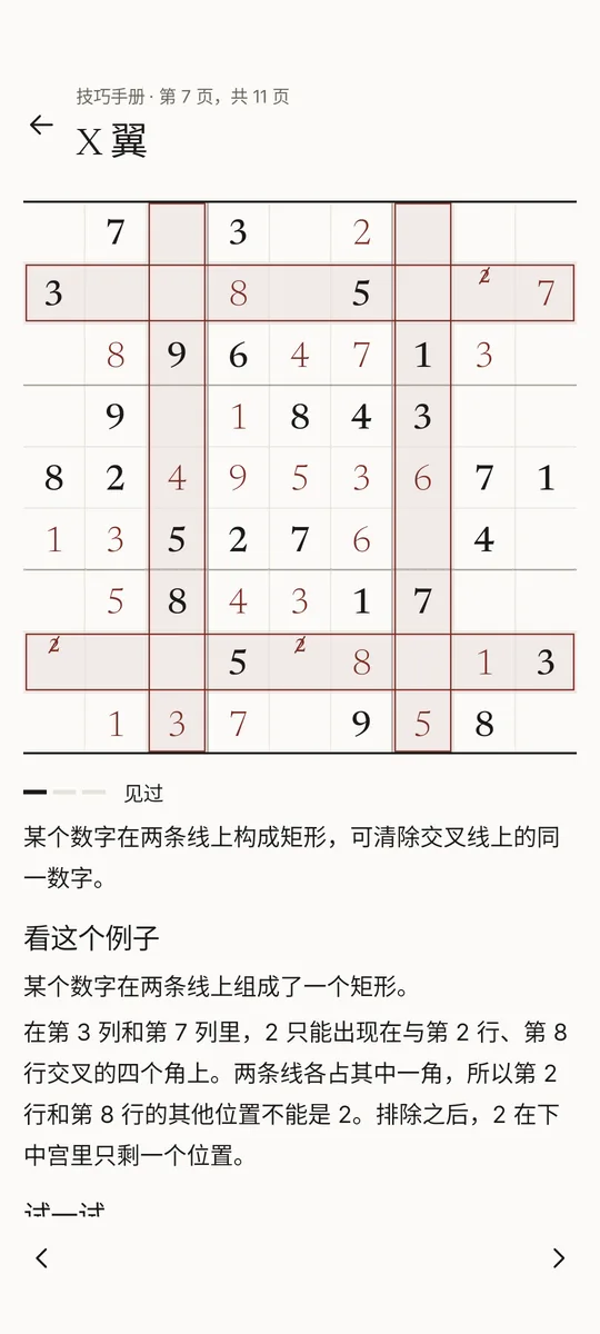 技巧手册第 7 页（共 11 页）“X 翼”：一道 9×9 例题，第 3、7 列和第 2、8 行用暗红色框出，划掉了两行上多余的 2，盘下标着“见过”和例题讲解