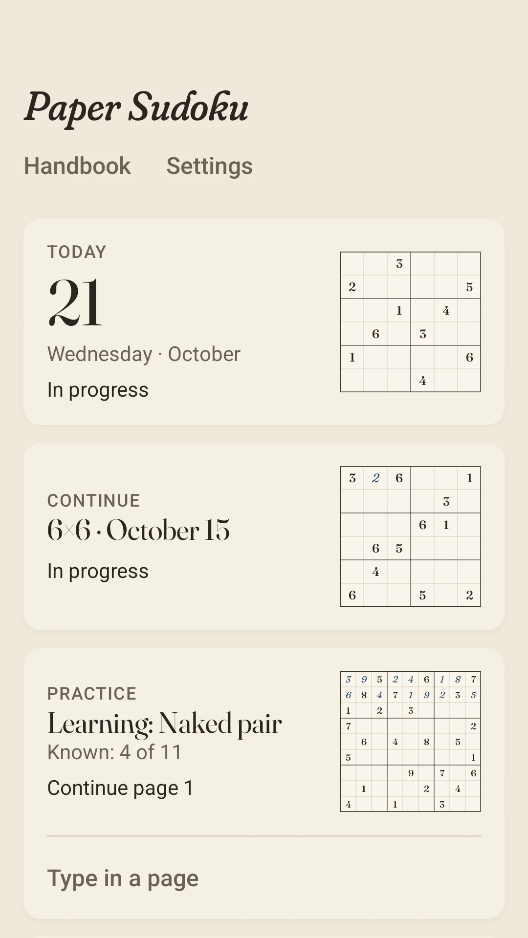 The notebook: Today, the 21st, in progress; a 6×6 page from October 15 to continue; and Practice, “Learning: Naked pair · Known: 4 of 11”, each card with a thumbnail of its page