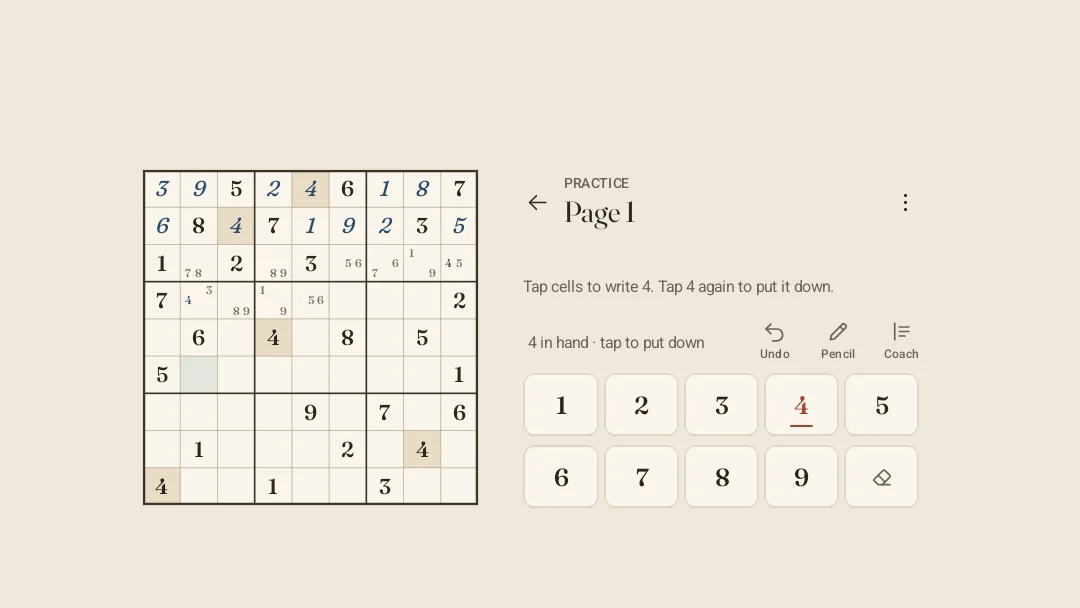 Paper Sudoku on a tablet: a 9×9 practice page on the left with printed digits, blue ink and pencil marks; on the right the page title, the line “Tap cells to write 4. Tap 4 again to put it down.”, Undo, Pencil and Coach, and the digit keys with 4 picked up