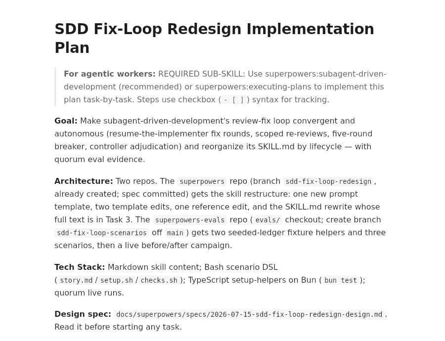 Readout’s reading view at the top of an implementation plan written for coding agents (from obra/superpowers): the title, a quoted note for agentic workers, then Goal, Architecture, Tech Stack and Design spec paragraphs with inline code.