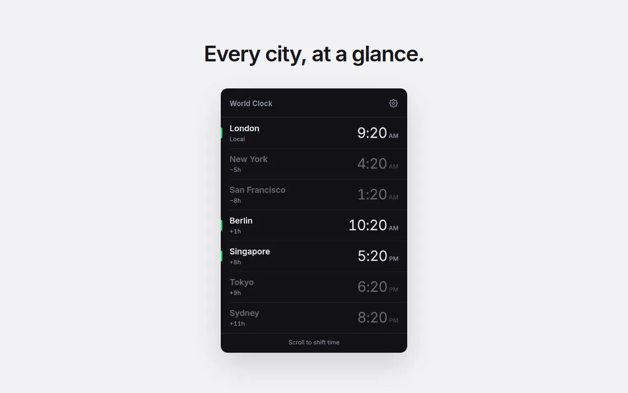 Store image: the World Clock popup in dark mode listing London (local), New York, San Francisco, Berlin, Singapore, Tokyo and Sydney with their offsets; London, Berlin and Singapore, inside working hours, are bright with a green marker, the others faded
