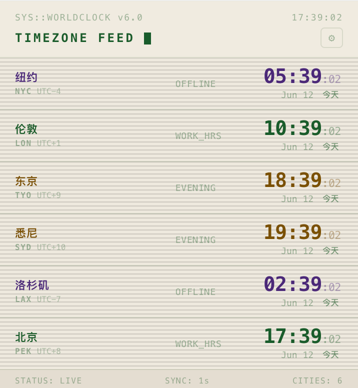 世界时钟浅色主题时区列表截图