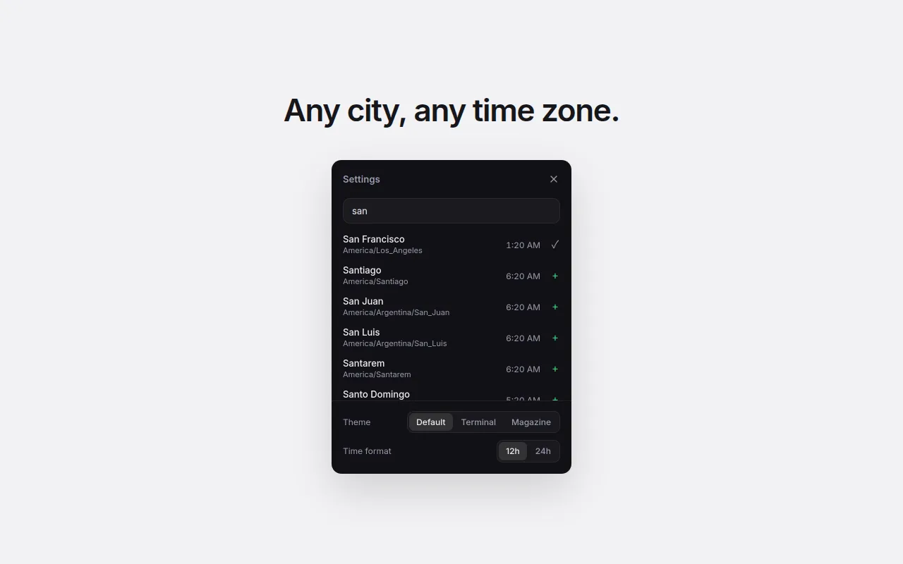 Store image: World Clock settings with “san” typed in search, listing San Francisco (already added, ticked), Santiago, San Juan and other zones with their local times, above the Theme and Time format switches